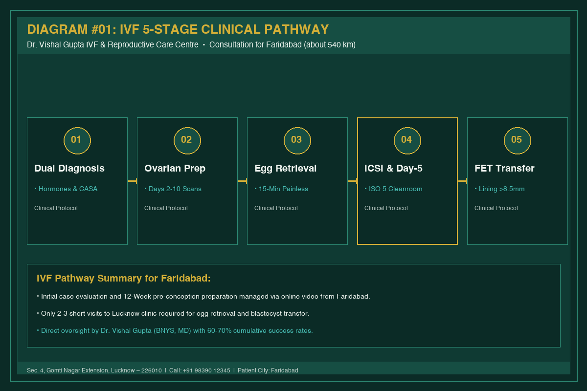 Medical Diagram #01: IVF 5-Stage Clinical Pathway at IVF Centre Lucknow for couples in Faridabad
