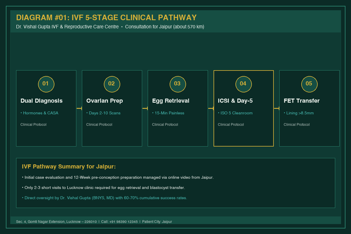 Medical Diagram #01: IVF 5-Stage Clinical Pathway at IVF Centre Lucknow for couples in Jaipur