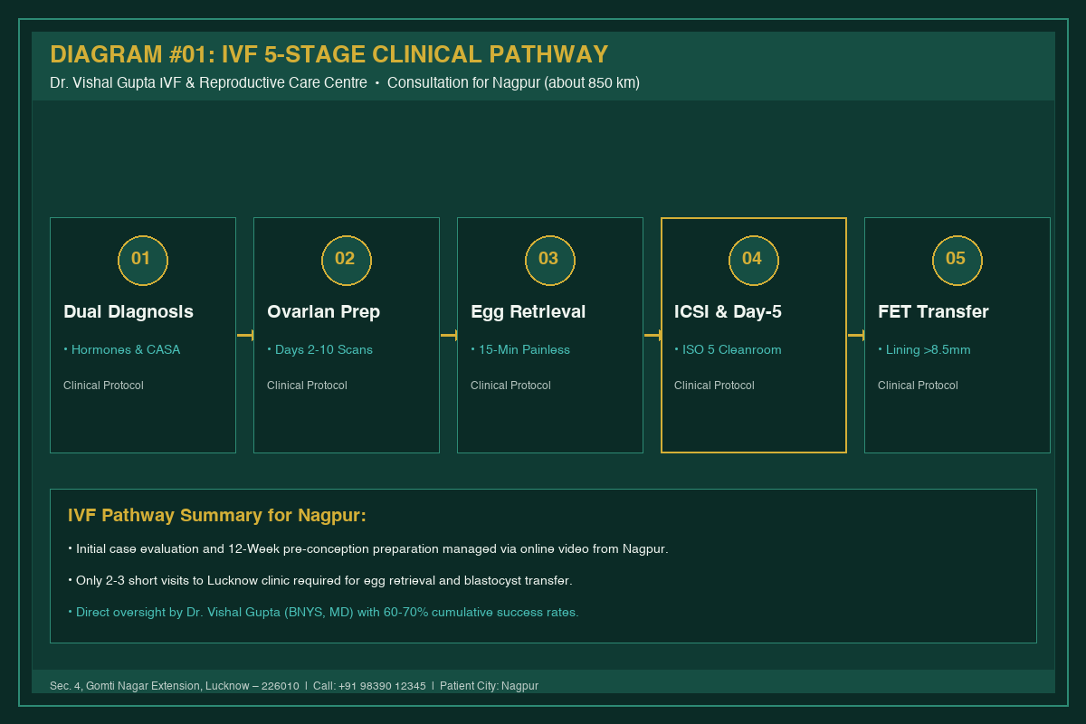 Medical Diagram #01: IVF 5-Stage Clinical Pathway at IVF Centre Lucknow for couples in Nagpur