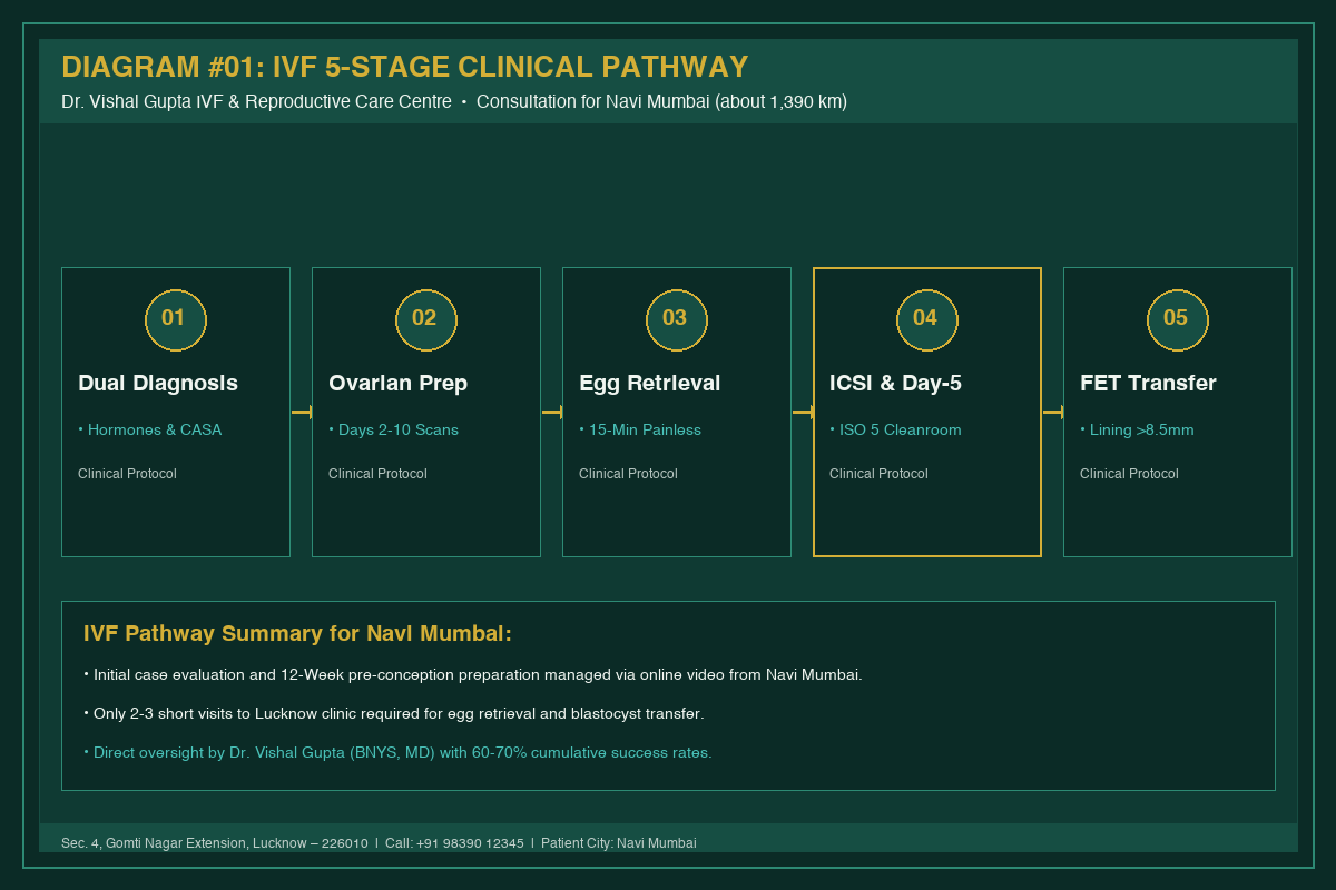 Medical Diagram #01: IVF 5-Stage Clinical Pathway at IVF Centre Lucknow for couples in Navi Mumbai
