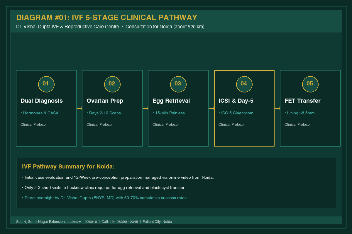 Medical Diagram #01: IVF 5-Stage Clinical Pathway at IVF Centre Lucknow for couples in Noida