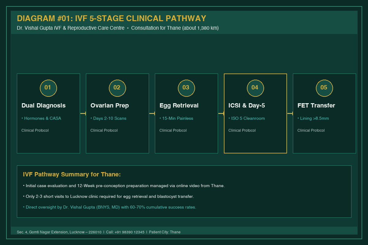 Medical Diagram #01: IVF 5-Stage Clinical Pathway at IVF Centre Lucknow for couples in Thane