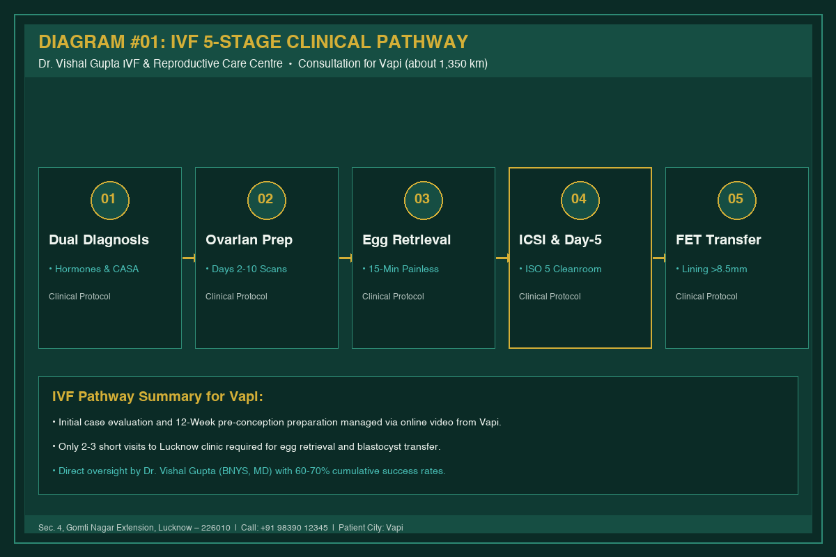 Medical Diagram #01: IVF 5-Stage Clinical Pathway at IVF Centre Lucknow for couples in Vapi